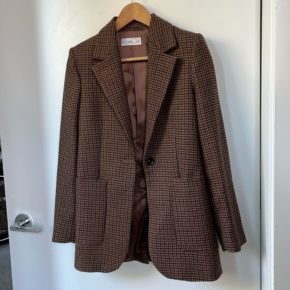 Mango Multicolor Houndstooth Blazer in Brown